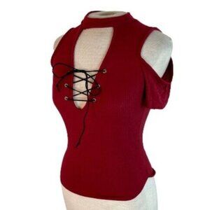 Gaze USA Cold Shoulder Ribbed Stretch Lace Up Top Red XS